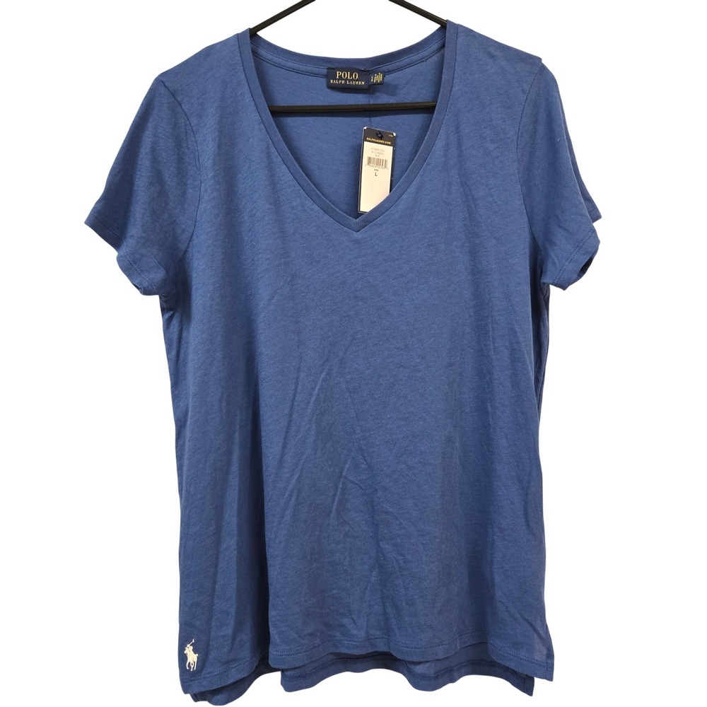 Polo Ralph Lauren Womens V-Neck T-Shirt Blue Slub Knit Pony Logo Size L NWT